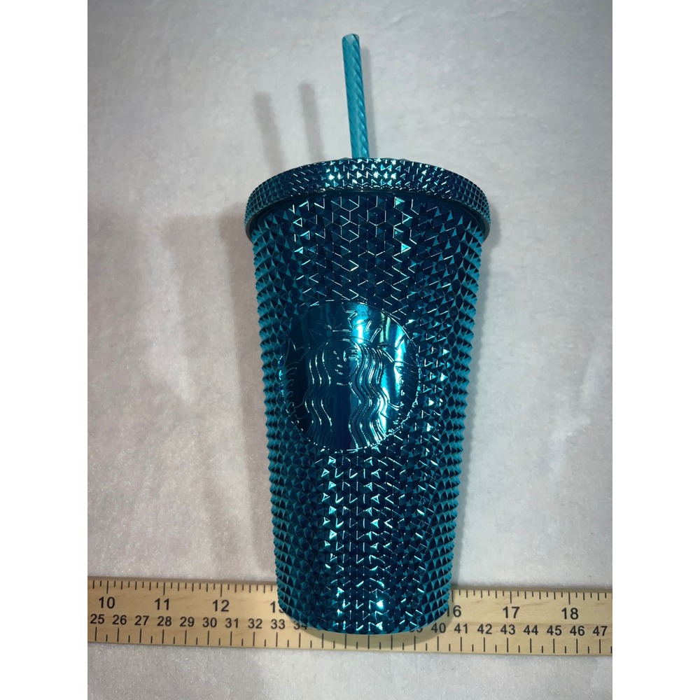 Starbucks Summer 2023 Metallic Chrome Teal Blue Bling Studded Tumbler Venti 24oz